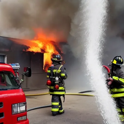 Prompt: Firefighters spraying firehose that only sprays flaming gasoline on to a fire, resulting in a massive explosion