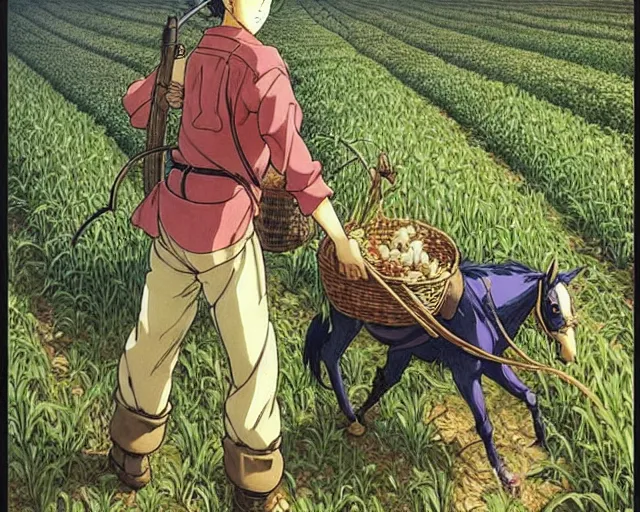 Prompt: A fantasy farmer tending to his crops with a pack animal || VERY VERY ANIME!!!, fine-face, realistic shaded perfect face, fine details. Anime. realistic shaded lighting poster by katsuhiro otomo, ghost-in-the-shell, ayami kojima