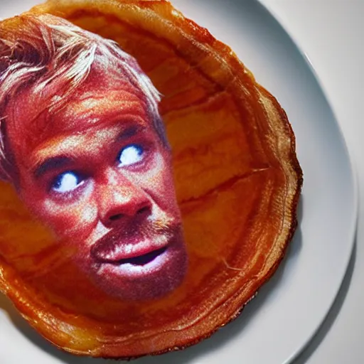 Image similar to an ultra realistic photograph of a bacon rasher on a plate, with kevin bacon's face