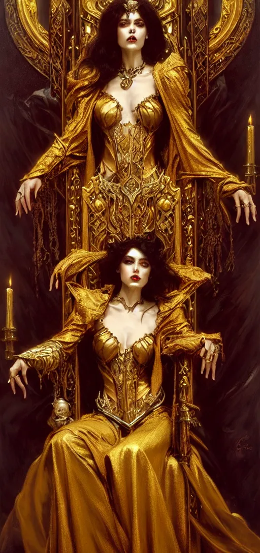 Image similar to full body portrait of beautiful vampire queen in gold gothic robes sitting on a throne of bones, elegant, highly detailed painting by gaston bussiere, craig mullins, j. c. leyendecker, 8 k, mid shot