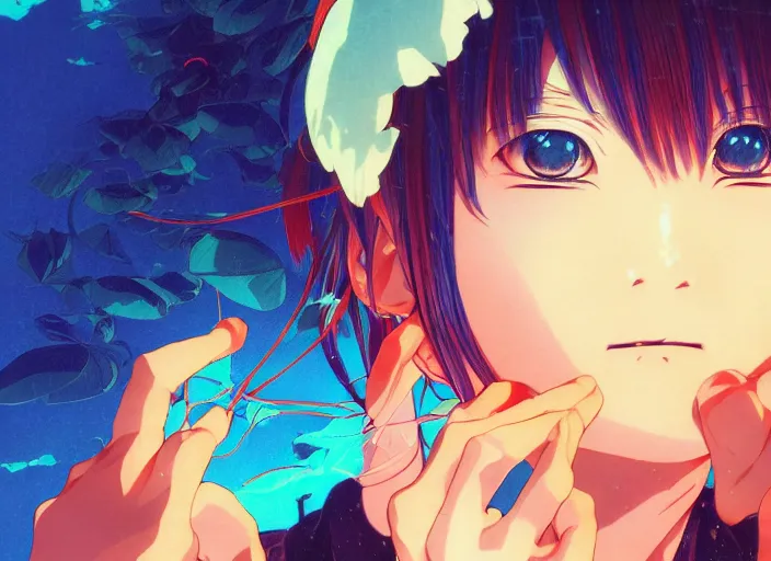 Image similar to yoh yoshinari editorial illustration colorful anime portrait of shiina ringo, murata range, blue submarine no 6, manga, fine texture, detailed, matte colors, perfect anime face, cinematic dramatic lighting, film grain, dynamic composition, moody, vivid, volumetric, alphonse mucha, fine stippled lighting, ilya kuvshinov