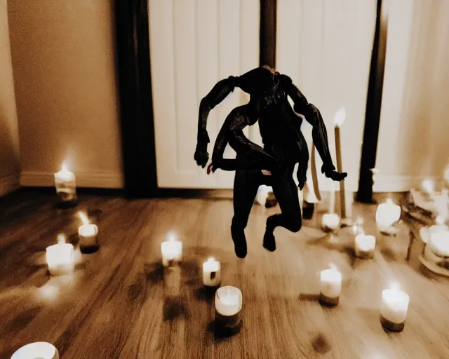 Image similar to transparent horror spirit attacks in living room with summoning circle candle lights out interior photos shot on iphone, dynamic pose, full body shot, sharp focus, grainy, corpse, paranormal flashlight, deep night,,