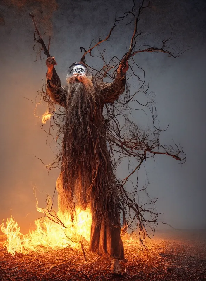 Image similar to full body shot of old asian man with long beard, hanging from a tree, his head covered in roots, full face occult silver mask, bright multiple glowing eyes, holding a large carved wooden dark fractal stick, hanging upside down, thick smoke around him, in the burning soil desert, cinematic shot, wide angle, dark desert background, volumetric lighting by Denis Villeneuve, Lubezki, Gaspar Noe, Christopher Doyle and Alejandro Jodorowsky, anamorphic lens, anamorphic lens flares, kodakchrome, cinematic composition, practical effects, award winning photo, 8k