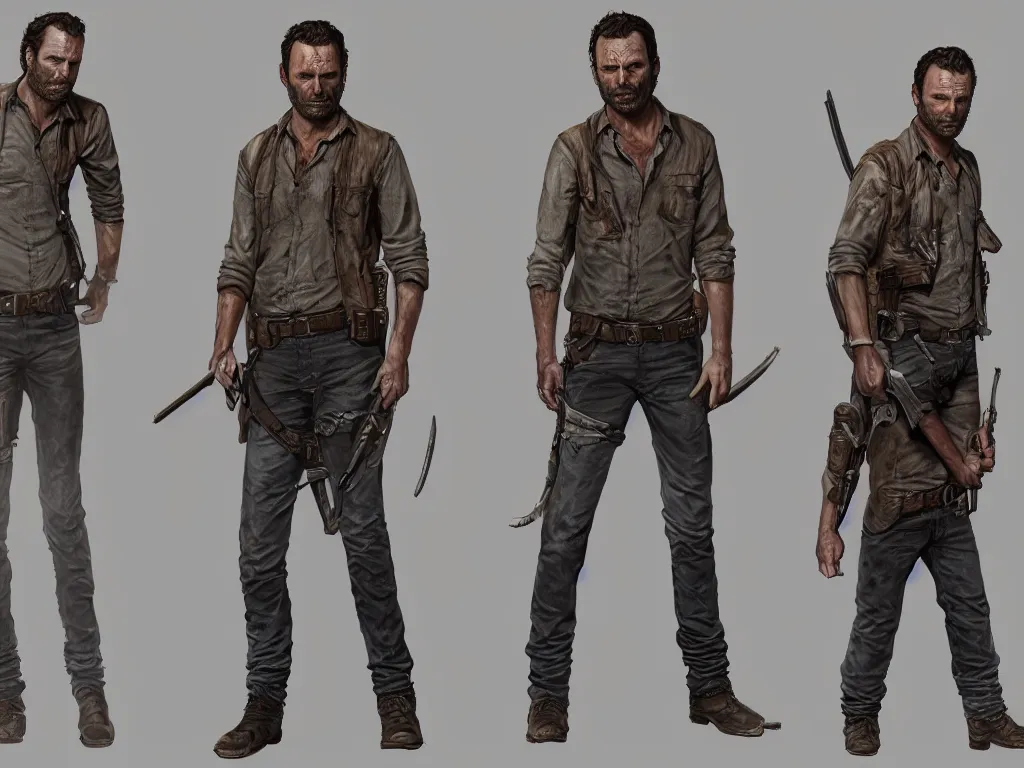 Image similar to character design sheet, rick grimes, the walking dead, fantasy, medieval, vivid colors, concept art, sharp focus, digital art, Hyper-realistic, 4K, Unreal Engine, Highly Detailed, HD, Dramatic Lighting by Brom, trending on Artstation