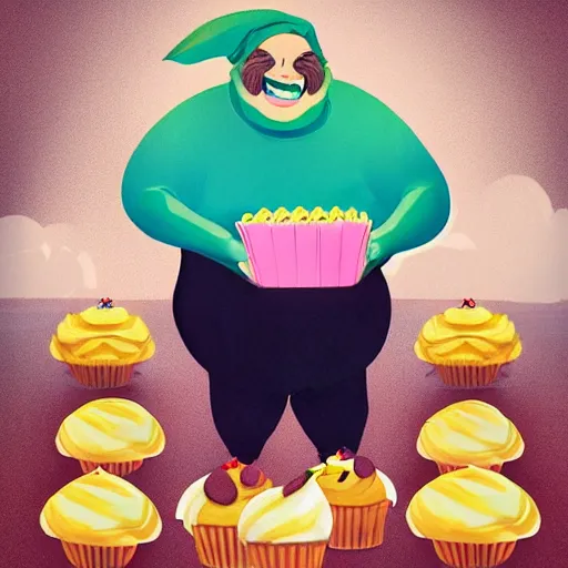 Prompt: rotund baking wizard laughing, holding 12 cupcakes in his arms, surrounded by a room of cupcakes, hyper realistic style, Instagram trending, happy, delicious, hungry, concept art, colorful