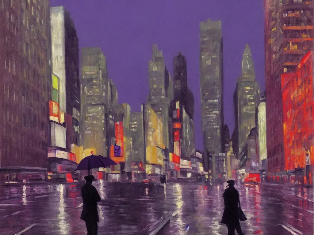 Prompt: cityscape view of new york city night, raining, purple storm skies, man with umbrella, ultra view angle view, realistic detailed painting by edward hopper