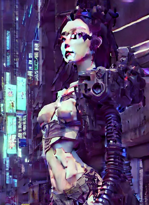 Image similar to hyper - realistic cyberpunk portrait of beautiful! anime woman standing on tokyo street, extreme detail, alluring, in style of yoji shinkawa, pan ren wei, col price, atey ghailan, by greg rutkowski, by greg tocchini, by james gilleard, by joe fenton, by kaethe butcher, grunge aesthetic