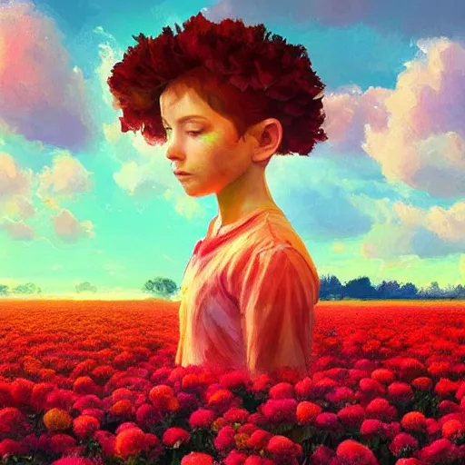 Prompt: face of carnations flower, girl in a flower field, surreal photography, sunrise dramatic light, impressionist painting, colorful clouds, digital painting, artstation, simon stalenhag, flower face