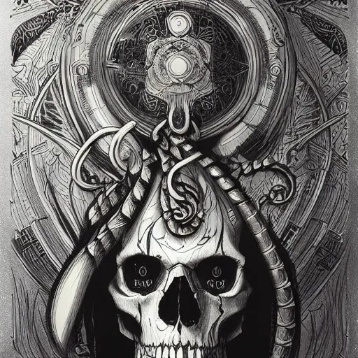 Prompt: malice, skulls, tendrils, dark atmosphere, greyscale, detailed linework, cinematic, psychedelic, black paper, ornate, symmetrical, tarot card, highly detailed, ink illustration, style of peter mohrbacher, golden ratio, 8k,