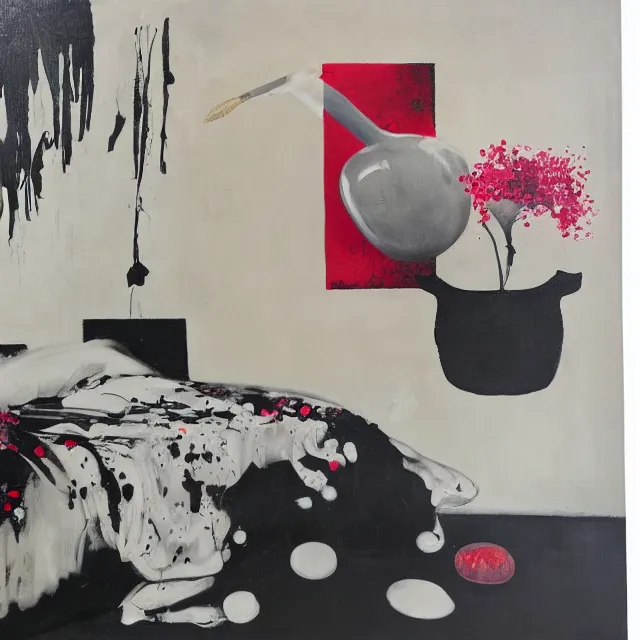 Image similar to bedroom room with black walls, sensual portrait of a woman sleeping, japanese vase, white flowers, puddle of water, octopus, squashed berries, neo - expressionism, surrealism, acrylic and spray paint and oilstick on canvas