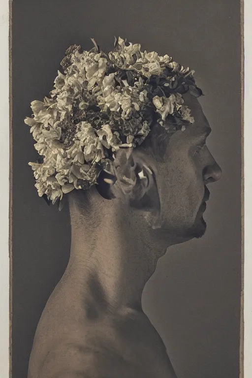 Image similar to a man's face in profile, clean shaven, made of flowers and fruit, in the style of the Dutch masters and Gregory crewdson, dark and moody