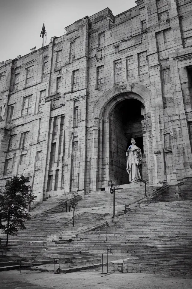 Prompt: a black and white photograph of an enormous building, official courthouse, statues looking down on the gigantic door brutalist architecture, long shot,