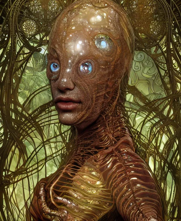 Prompt: intricate ornate opulent transparent clear see - through portrait of a terrifying ugly male alien centipede, mottled coloring, adorable, childlike, overgrown jungle environment, ultra realistic, concept art, art nouveau, photorealistic, octane render, 8 k, unreal engine. art by christopher marley and artgerm and greg rutkowski and alphonse mucha