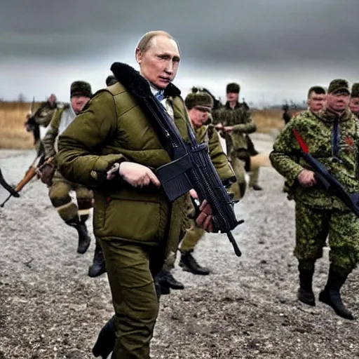 Prompt: Vladimir Putin is fighting at the front against Ukraine epic battle, Retro fantastic style,