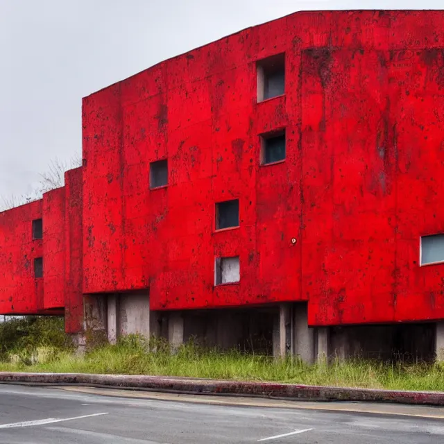 Prompt: brutalist building fully covered in thick red paint