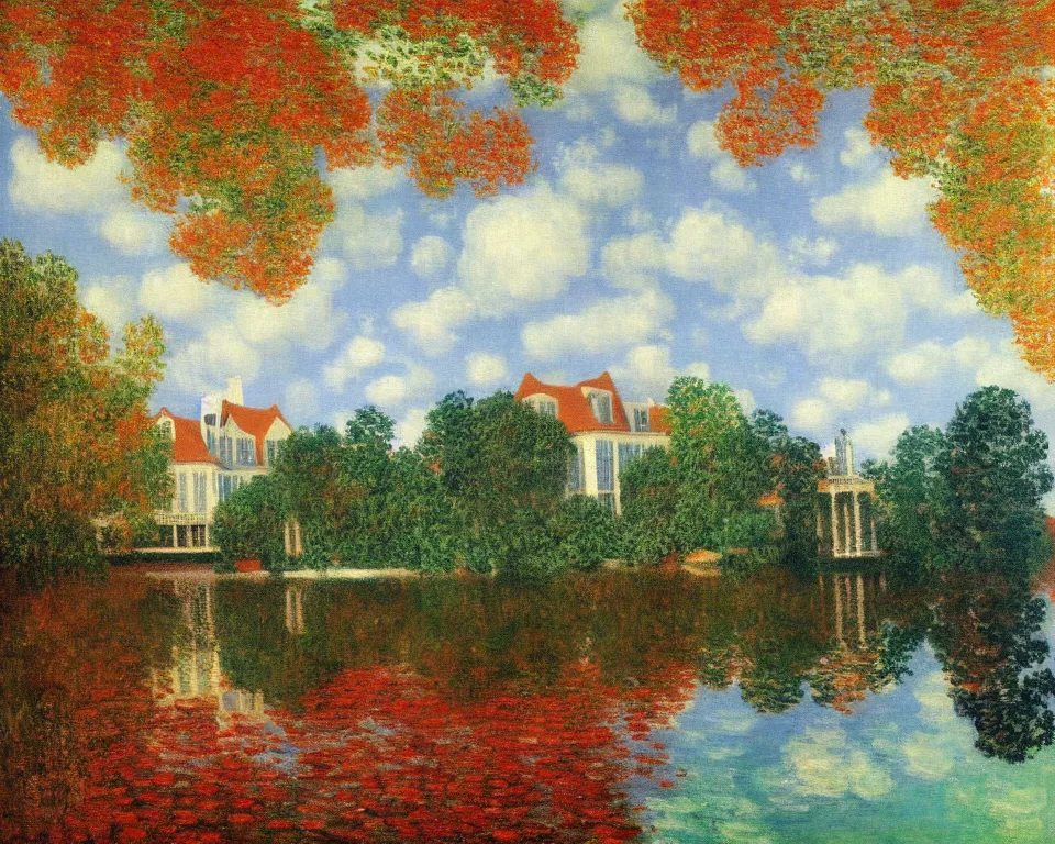 Image similar to achingly beautiful painting of a sophisticated, well - decorated pool house in autumn by rene magritte, monet, and turner.