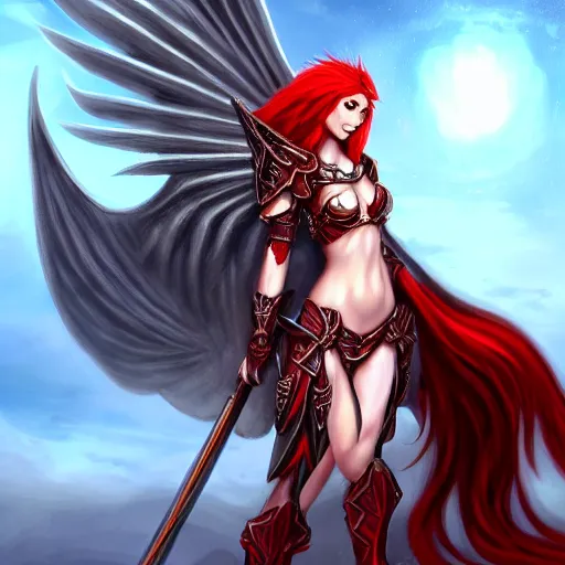 Image similar to fantasy concept art, winged! red hair woman!! flaming sword!!! ( ( ( plate armor ) ) ) ( ( ( ( devilish smile ) ) ) ), 4 k, painting