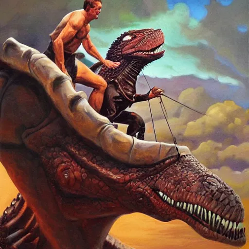 Image similar to coach steve spurrier riding a dinosaur intricate, hyper detailed, realistic, oil painting, by julie bell, frank frazetta, cinematic lighting