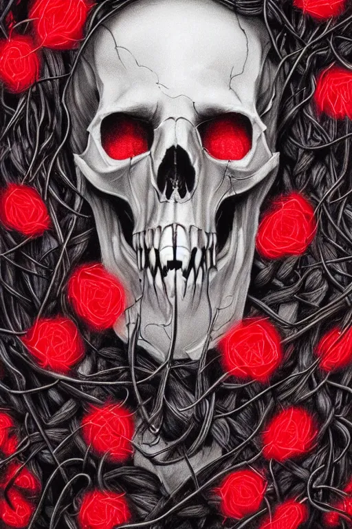 Image similar to realistic portrait beautiful detailed matte painting of cinematic movie scene a wolf skull, tentacles, black and red, thorns, vines, horror, created by gustave dore and greg rutkowski, high detailed, smooth draw, synthwave neon retro, intricate, realistic proportions, dramatic lighting, trending on artstation.