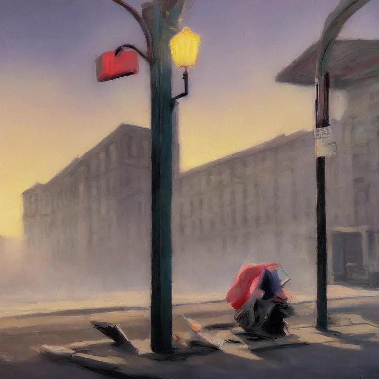 Prompt: Jenni Pasanen art everywhere, piles of trash, fog, early morning, , painted by Edward Hopper, painted by Wayne Barlow, airbrush