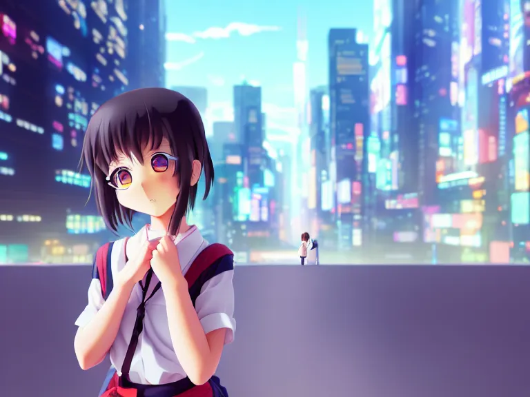 Image similar to anime fine details portrait of joyful school girl in front of cyberpunk moder city landscape on the background deep bokeh, close-up view, anime masterpiece by Studio Ghibli. 8k, sharp high quality anime, artstation