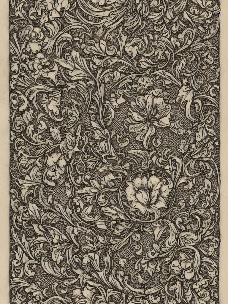 Prompt: beautiful decorative ornament with classical floral elements emanating from center of design, decorative design, classical ornament, motif, bilateral symmetry, roses, leaves, flowers, buds, flowering buds, negative space, highly detailed etching, beautiful geometric arrows, lines, swords,