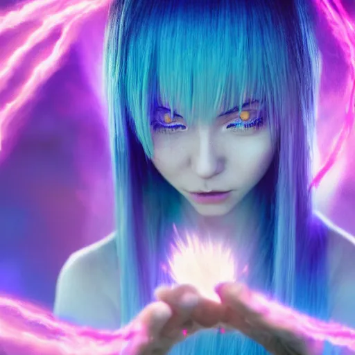 Image similar to rimuru tempest from tensura holding purple fire in her palm, overlooking piltover, straight hair, sky blue hair, long bangs, award winning photography, cinematic, digital painting, cinematic, wlop, 8 k, by ross tran, tom bagshaw