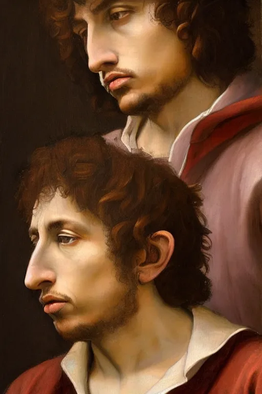 Image similar to renaissance painting of bob Dylan, emotions closeup, dressed in roman clothes, ultra detailed, made in bronze, art by Guido Reni style, Vincenzo Catena style