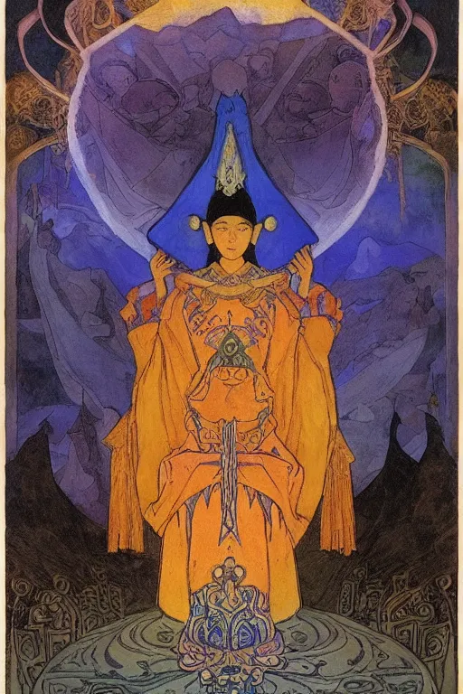 Image similar to child of darkness with their crown and lantern, by Nicholas Roerich and Annie Swynnerton and and Ivan Bilibin, dramatic cinematic lighting , ornate headdress , flowing robes, sacred artifacts, lost civilizations, smooth, sharp focus, extremely detailed