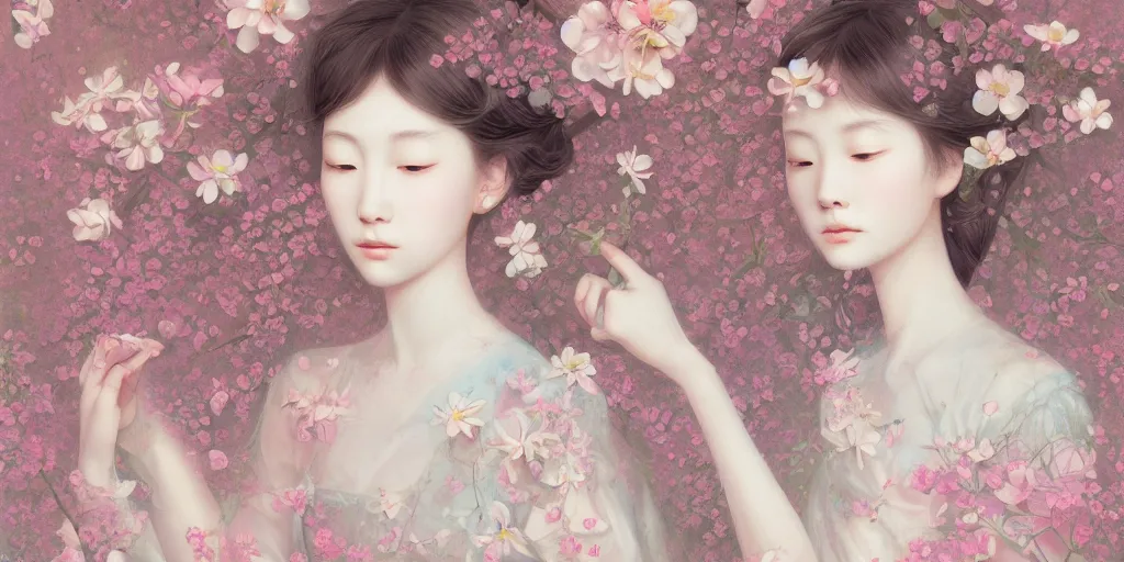 Prompt: breathtaking delicate detailed concept art painting pattern blend of flowers and girls, by hsiao - ron cheng, bizarre compositions, exquisite detail, pastel colors, 8 k