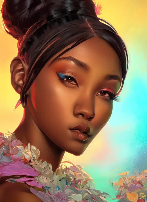 Image similar to beautiful black girl, cute, intricate, highly detailed, digital painting, trending on artstation, concept art, smooth, sharp focus, backlit, rim light, vivid colors, illustration, unreal engine 5, 8 k, art by rossdraws and alphonse mucha