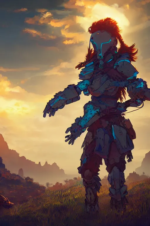 Image similar to combination suit armor aloy horizon forbidden west horizon zero dawn radiating a glowing aura global illumination ray tracing hdr fanart arstation by ian pesty and alena aenami artworks in 4 k tribal robot ninja mask helmet backpack