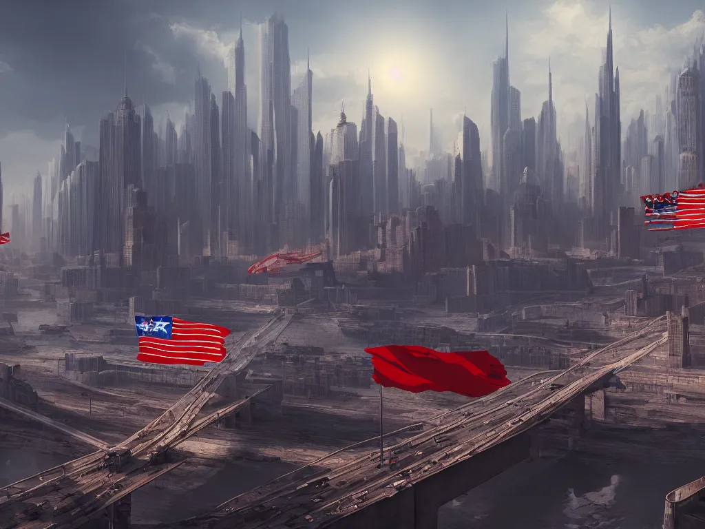 Image similar to landscape matte painting of a communist american state megastructure after the triumph of communism in america, socialist american state flag, socialist statues, digital painting, modern city scape, awe, bright future, hope, highly detailed, 4 k, artstation, photorealistic, architecture, america 2 0 9 8 by fan wennan