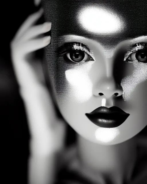 Image similar to black and white dreamy young beautiful female artificial intelligence, metropolis, cinematic, rim light, bokeh, photo - realistic, elegant, high detail, 8 k, masterpiece, photo taken in 1 9 3 0