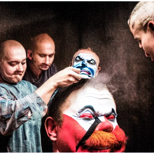 Prompt: an old 5 0 mm photo of a group of men putting on clown makeup in a dark foggy alley