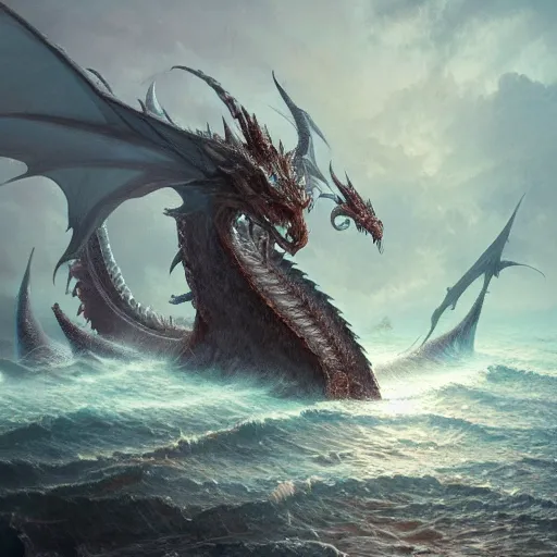 Image similar to A seven-headed dragon with ten horns coming out of the sea, well defined image , digital Art, Greg rutkowski, Trending artstation, cinematographic, hyperrealistic