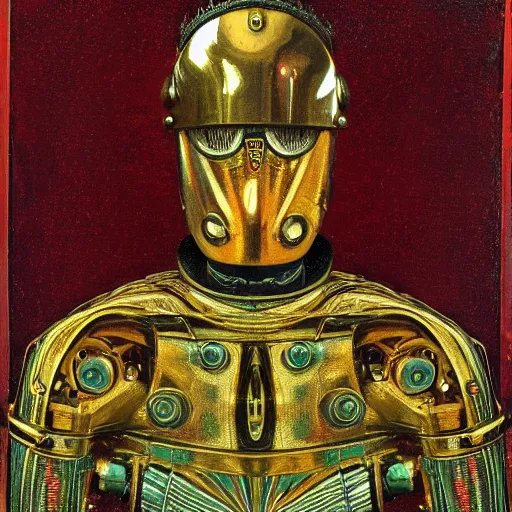 Image similar to a portrait of a shiny metallic renaissance steampunk robot, in the style of Jan van Eyck,