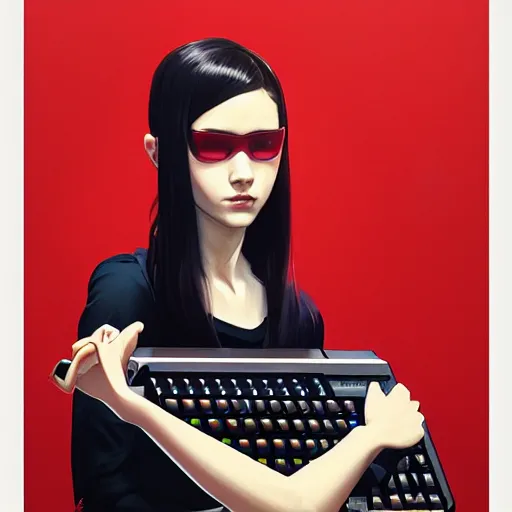 Prompt: hacker girl holding a keyboard, realistic shaded lighting poster by ilya kuvshinov katsuhiro otomo, magali villeneuve, artgerm, jeremy lipkin and michael garmash and rob rey