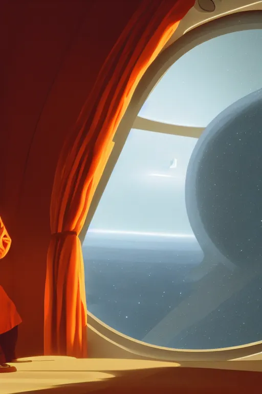 Image similar to portrait of a monk in a spaceship, looking out of a round window at nebula, orange robe, dramatic lighting, artstation, matte painting, ralph mcquarrie