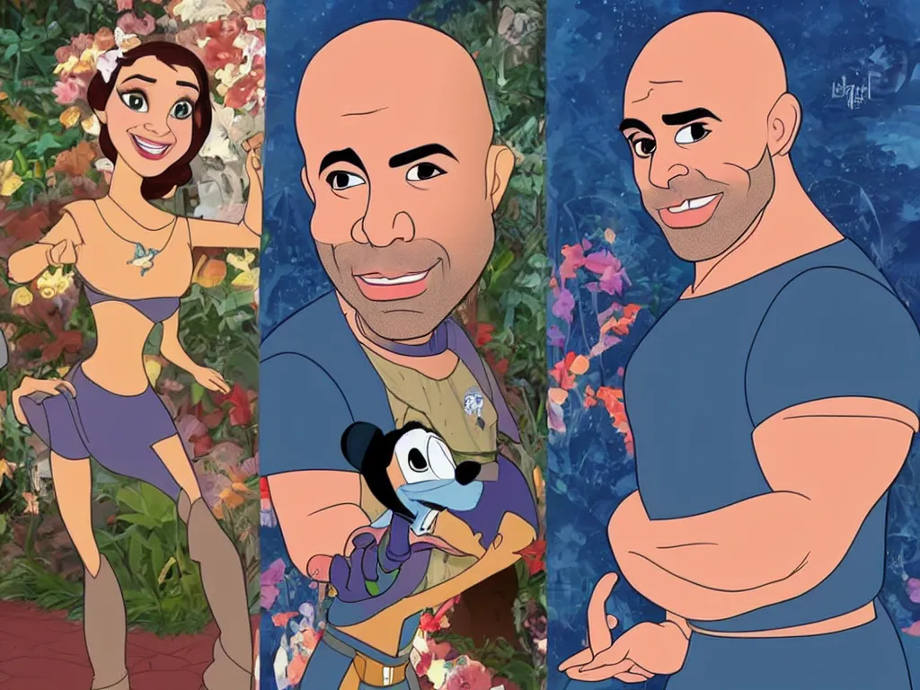 Image similar to Joe Rogan as a Disney princess in the style of Disney animation