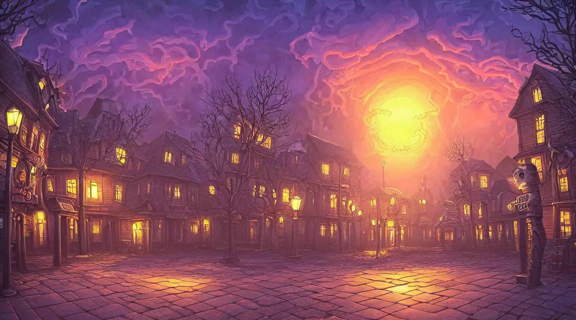 Image similar to empty lovecraftian town square surrounded by houses and inns. cthulhu statue. lovecraftian city at sunset by cyril rolando and naomi okubo and dan mumford and ricardo bofill. lovecraft. cobbled streets. oil lamp posts. lovecraftian. sunset swirly sky.