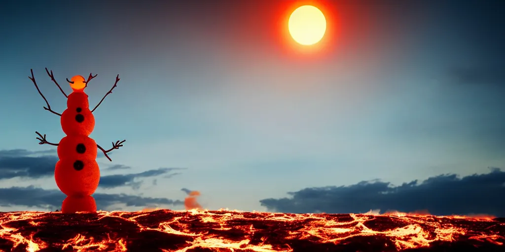 Image similar to a snowman standing on top of the sun. the ground is made entirely of fire and is glowing orange. cinematic, dramatic, epic, volumetric lighting, atmospheric, red, orange extremely coherent, 8 k, space