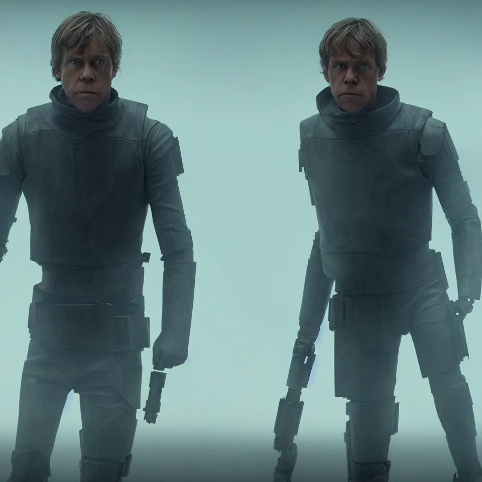 Image similar to Harrowing Luke Skywalker wearing cyborg gadgets in the style of Blade Runner 2049 (2017), without any lightsaber. Clear Hands. Clear body. Black Clothes. Rivendel Background. Cinematic. Professional Photo. UHD. 8k. Clear Face.