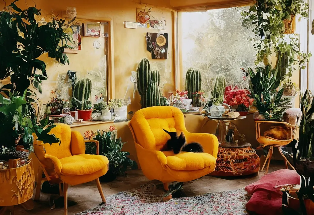 Prompt: 1970s interior magazine photo of two yellow armchairs with a glowing lava lamp next to it, at dusk, with kittens, wooden walls with framed art, and a potted cactus and some hanging plants, with dappled light coming in through a circular window