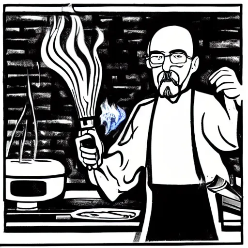 Image similar to black and white caricarture drawing of walter white cooking a pizza with a blowtorch