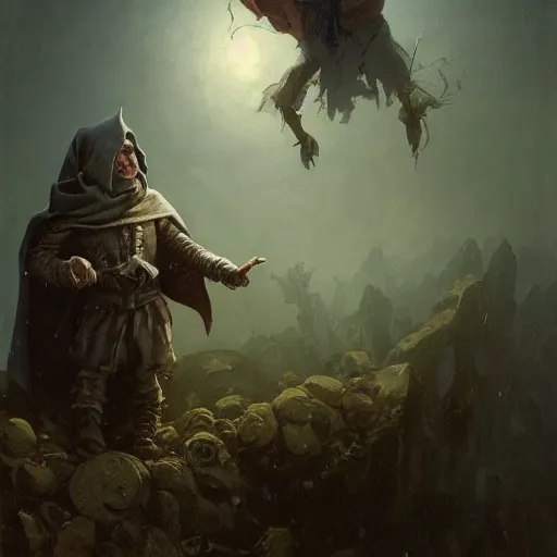 Prompt: small pale cowardly man wearing dark cloak, portrait, funny artwork, scared smile, close shot, round face, fantasy artwork, dnd, by karl spitzweg, whimsical