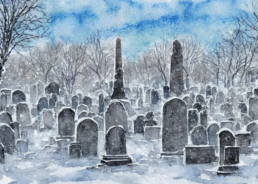 Prompt: graveyard with large monuments covered in snow, watercolor illustration