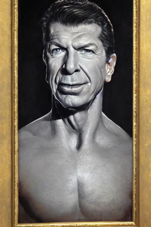 Image similar to a closer personal portrait of vince mcmahon with very piercing eyes, very charismatic. in the old ancient temple of luxor. masterpiece, dark. painted by norman rockwell and james gurney