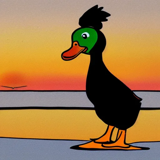 Image similar to a duck who's a photographer, duck is holding a camera, with sunset in the background, animated, digital art