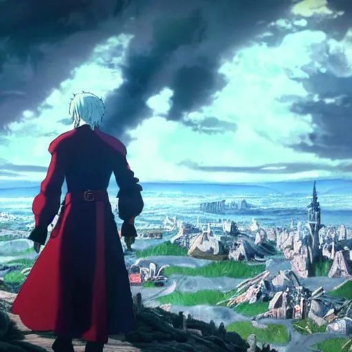 Image similar to a shot of dante from devil may cry in howl's moving castle movie, movie shot, anime, hightly detailed, rescalated 4 k, detailed